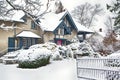 NIAGARA ON THE LAKE,CANADA - DECEMBER 2, 2019: Beautiful house covered snow located in the Queen Street, Niagara on the Lake, Royalty Free Stock Photo