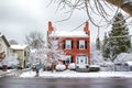 NIAGARA ON THE LAKE,CANADA - DECEMBER 2, 2019: Beautiful house covered snow located in the Queen Street, Niagara on the Lake, Royalty Free Stock Photo