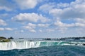 The Niagara River becomes Niagara Falls under a beautiful partly cloudy sky