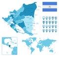 Nicaragua detailed administrative blue map with country flag and location on the world map.