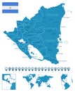 Nicaragua - detailed blue country map with cities, regions, location on world map and globe. Infographic icons