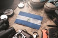 Nicaragua Flag Between Traveler`s Accessories on Old Vintage Map. Tourist Destination Concept