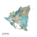 Nicaragua higt detailed map with subdivisions. Administrative map of Nicaragua with districts and cities name, colored by states