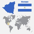 Nicaragua map on a world map with flag and map pointer. Vector illustration Royalty Free Stock Photo