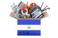 Nicaraguan flag painted on the parcel with car parts. 3D rendering