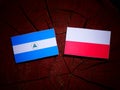 Nicaraguan flag with Polish flag on a tree stump isolated