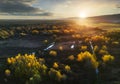 Nice aerial view of yellow tree on dramatic sunset over bog Jursky Sur, Slovakia Royalty Free Stock Photo