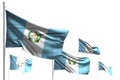 Nice any feast flag 3d illustration - five flags of Guatemala are waving isolated on white - image with bokeh
