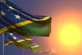 Nice any holiday flag 3d illustration - many Solomon Islands flags on sunset placed diagonal with soft focus and space for your