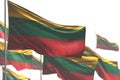 Nice any occasion flag 3d illustration - many Lithuania flags are wave isolated on white - image with bokeh