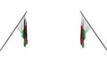 nice two Madagascar flags hangs on in corner poles from two sides isolated on white - any celebration flag 3d illustration