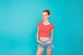 Nice attractive positive skinny cheerful red-haired girl with bu Royalty Free Stock Photo