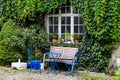 Nice backyard with rose flowers, table, chairs. Landscape design, Royalty Free Stock Photo