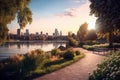 Nice Beautiful City Park By The Lake. Generative AI Royalty Free Stock Photo
