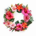 Nice beautiful multicolor wreath of colorful tropical flowers isolated on white
