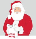 Vector illustration, classic Santa Claus with wishlist with text in portuguese.