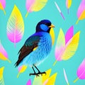 Nice bird on colored feather background