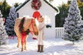 Nice blonde curly child caresses adorable pony with festive wreath near the small wooden house and snow-covered trees. New Year an Royalty Free Stock Photo