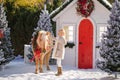 Nice blonde curly kid and adorable pony with festive wreath near the small wooden house and snow-covered trees. New Year and Chris Royalty Free Stock Photo