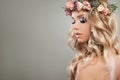 Nice Blonde Woman with Flowers, Blonde Curly Hairstyle Royalty Free Stock Photo