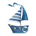 Nice blue boat with straped sails, garland flags, life buoy, ribbon. Hand-drawn watercolor illustration in children Royalty Free Stock Photo