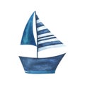 Nice blue boat with straped sails. Hand-drawn watercolor illustration in children's style. Isolated object on a Royalty Free Stock Photo