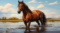 Nice brown horse standing in the water generated by AI tool. Royalty Free Stock Photo