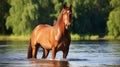 Nice brown horse standing in the water generated by AI tool. Royalty Free Stock Photo