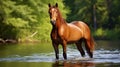 Nice brown horse standing in the water generated by AI tool. Royalty Free Stock Photo