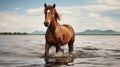 Nice brown horse standing in the water generated by AI tool. Royalty Free Stock Photo