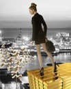 Nice bÃÂ¬usines woman on gold tower near sea port Royalty Free Stock Photo