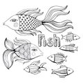 Nice cartoon monochrome fishes set. Vector image.