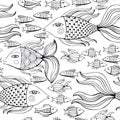 Nice cartoon monochrome fishes set. Vector seamless pattern.