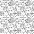 Nice cartoon monochrome fishes set. Vector seamless pattern.