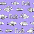 Nice cartoon monochrome fishes set. Vector seamless pattern.