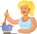 Nice cartoon woman in apron cooking on gas stove. Mother in kitchen does housework, cooks dinner