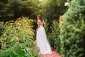 Nice and cheerful girl in a white elegant wedding long dress with a train and a transparent fabric with patterns on the Royalty Free Stock Photo