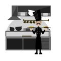 Nice Chef serving the dish.Flat style vector illustration Royalty Free Stock Photo