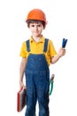 Nice child in hardhat with plastic box and screwdrivers