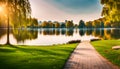 Nice city park by the lake Royalty Free Stock Photo