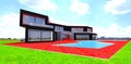 Nice cloudy day. The property of the unusual form constructed on the wide meadow. Red brick pavement and pool. 3d rendering Royalty Free Stock Photo