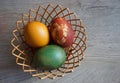 Nice colorful Easter eggs in a knit basket - close up view.