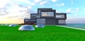 Nice compact cottage with big panoramic windows. Steel spheres reflecting cloudy sky on the lawn. 3d rendering