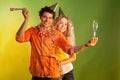 Nice couple have fun on colorful background