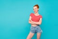 Nice cute adorable attractive cheerful girlish stylish trendy re Royalty Free Stock Photo