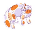 Nice cute cat linear vector illustration, line art drawing of pussycat relaxing, artistic outline minimal sketch of fat and lazy