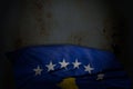 nice day of flag 3d illustration - dark illustration of Kosovo flag with large folds on rusty metal with free space for content