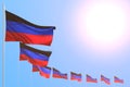 Nice day of flag 3d illustration - many Donetsk Peoples Republic flags placed diagonal with selective focus and free space for