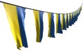 Nice day of flag 3d illustration - many Ukraine flags or banners hanging diagonal with perspective view on string isolated on