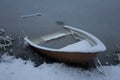 Nice details photo of frosty snowy boat frozen in lake in Sweden Scandinavia at winter